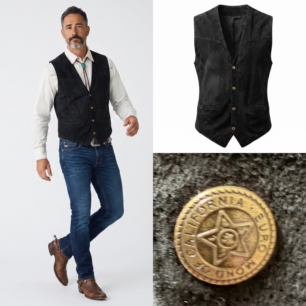 Scully Vest Men L Western Black Genuine Leather Suede Cowboy Southwestern Biker